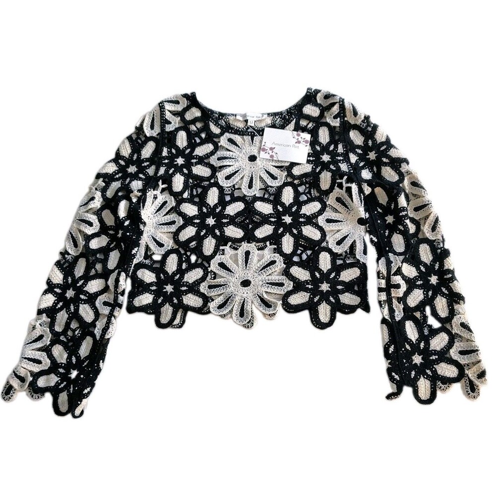 American Flirt Med Crocheted Open Knit Bell Sleeve Crop Top Boho Hippie NWT